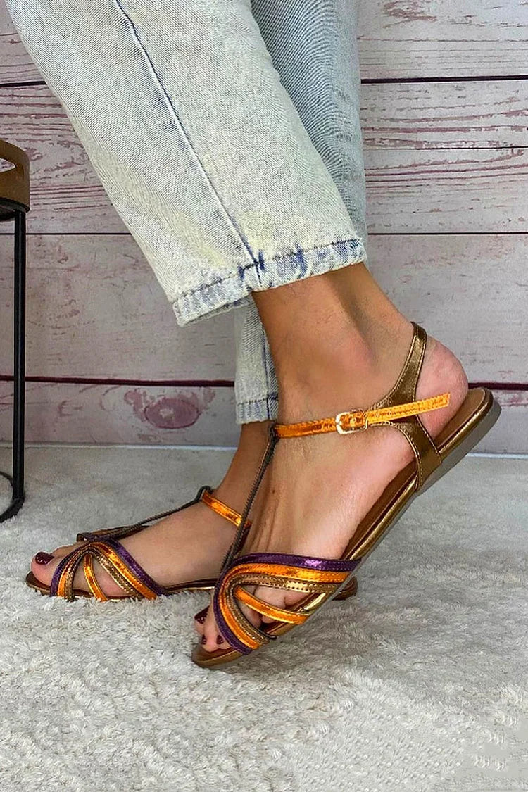 Albaira - Sandalias Doradas con Hebilla y Tira Multicolor