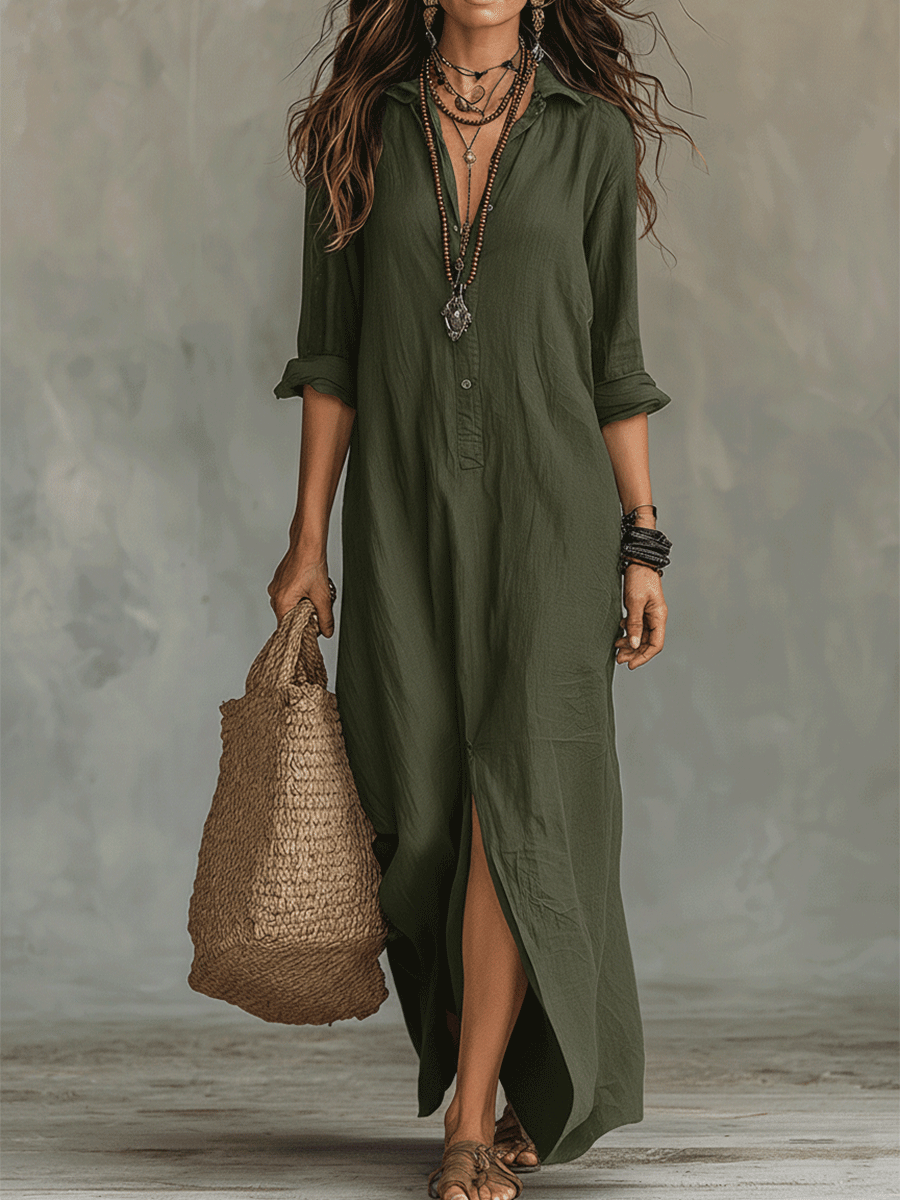Emilia - Vestido maxi bohemio tipo camisa negro con botones delanteros