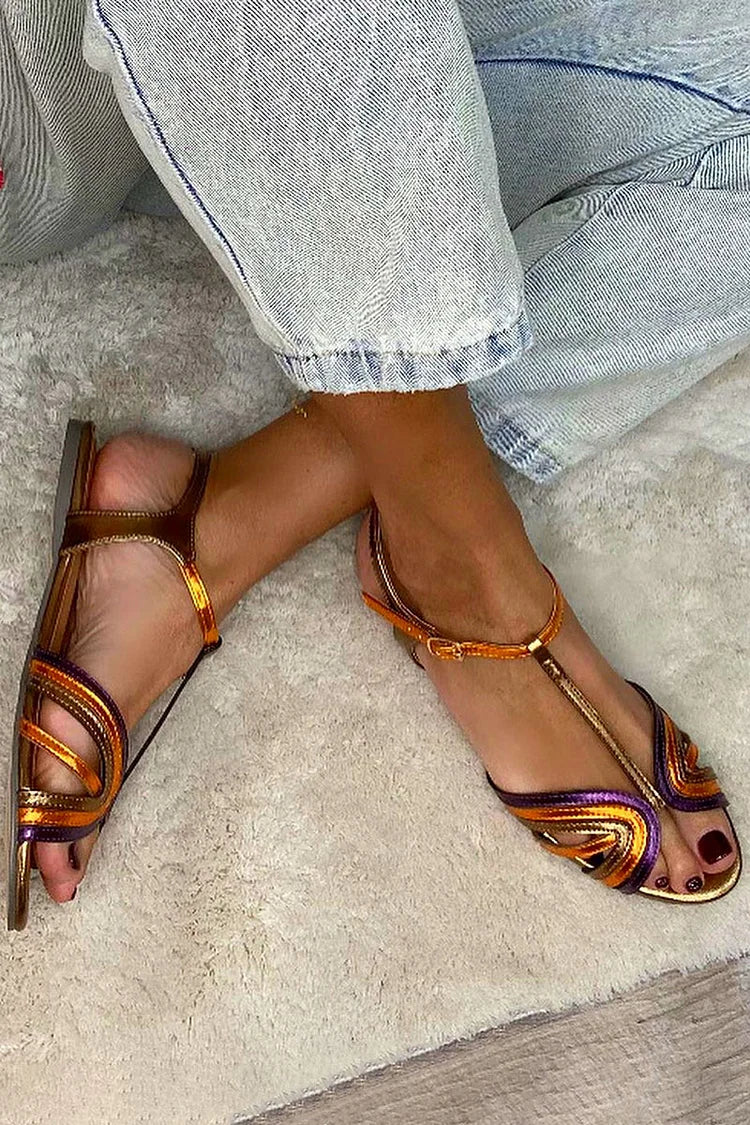Albaira - Sandalias Doradas con Hebilla y Tira Multicolor