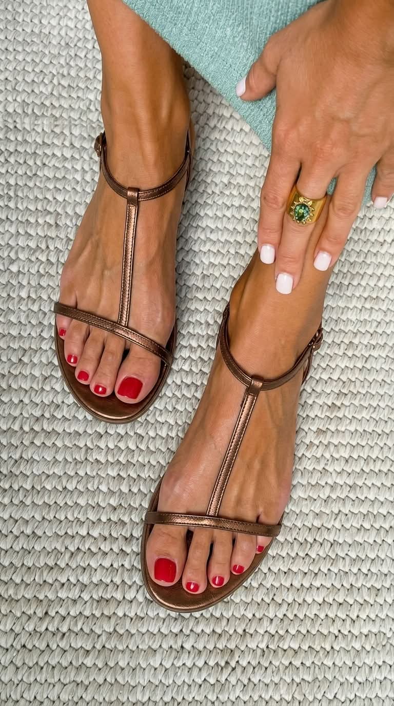 Zafira - Sandalias  Planas Metálicas con Tiras en T