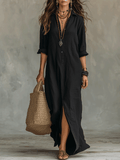 Emilia - Vestido maxi bohemio tipo camisa negro con botones delanteros