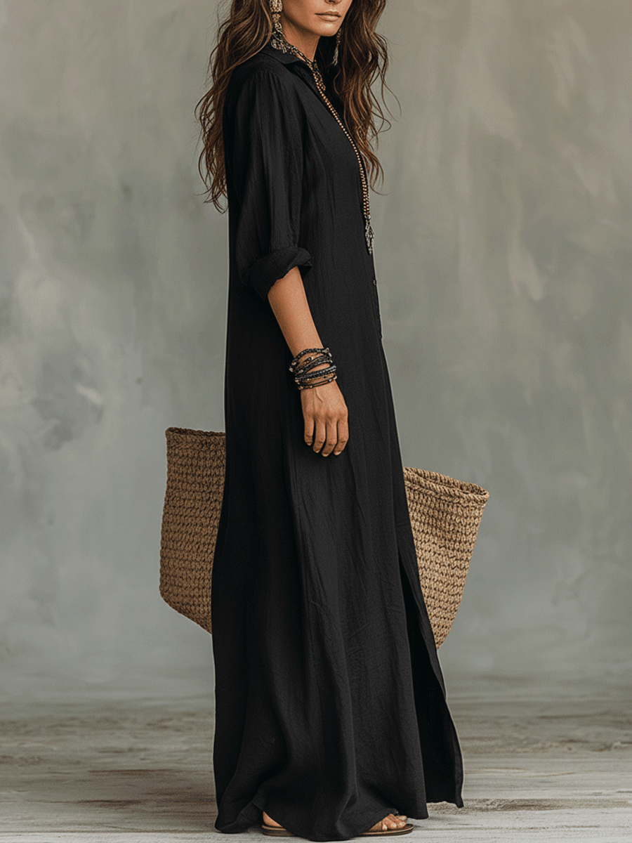 Emilia - Vestido maxi bohemio tipo camisa negro con botones delanteros