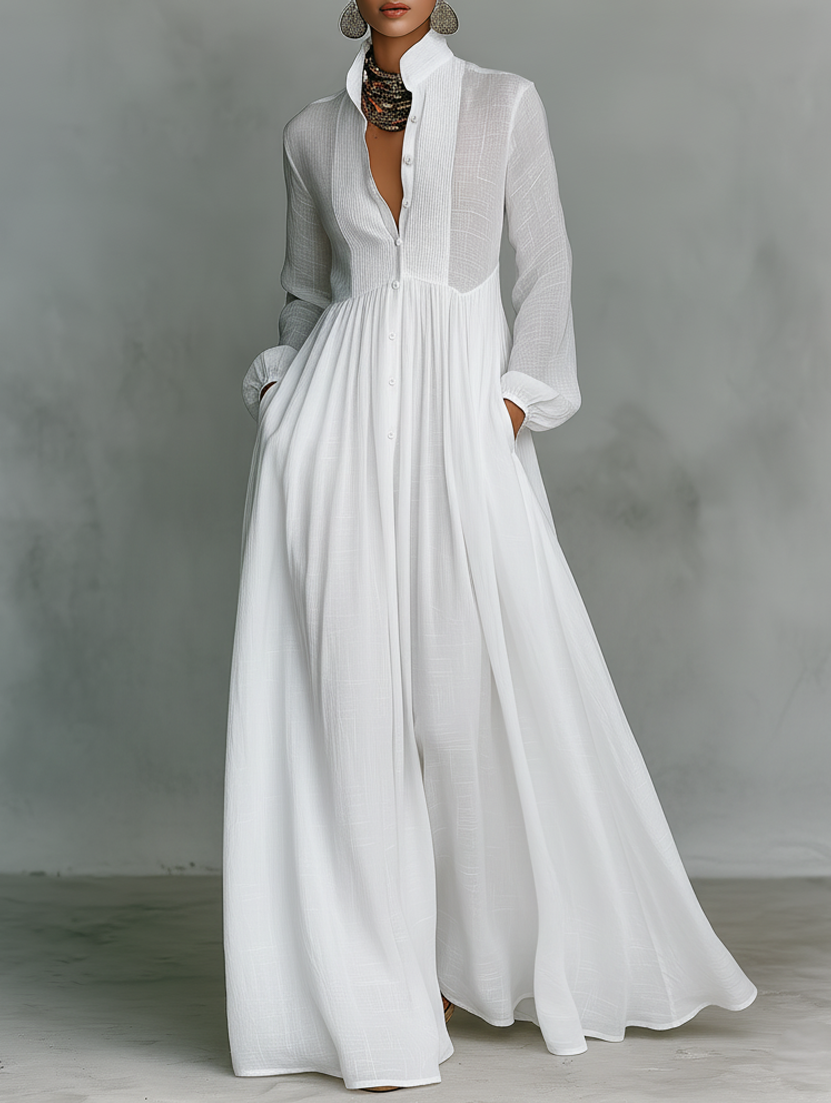 Ona - Vestido largo minimalista con patchwork, cuello alto y mangas largas.