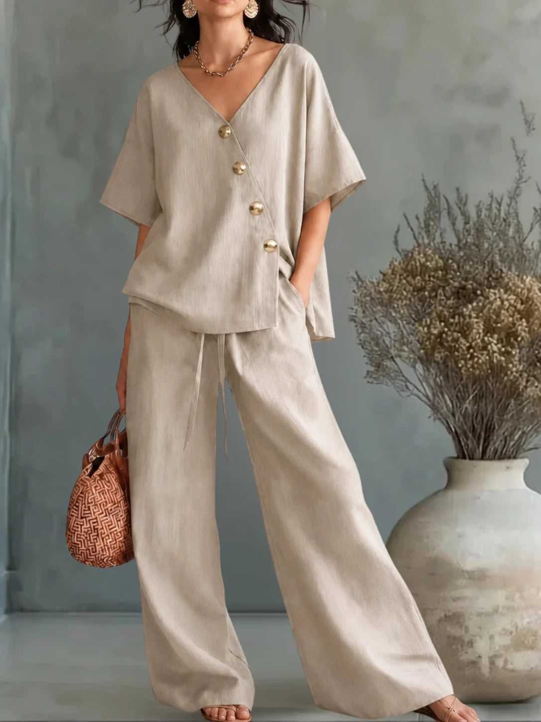 Encarnación - Traje con escote en V y botones