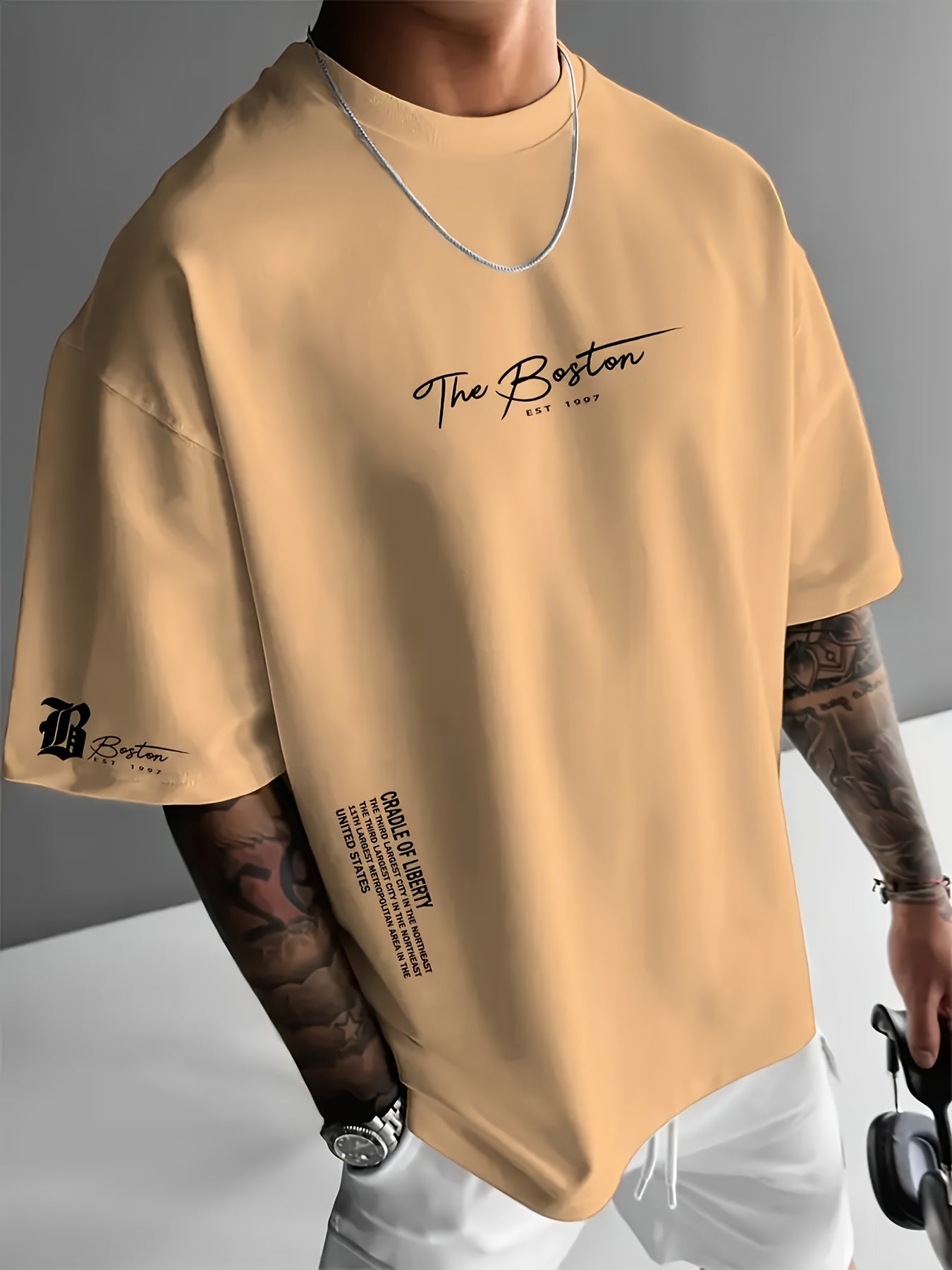 Dario -  Camiseta de hombre, estampado con la letra "Boston", fresca y cómoda.