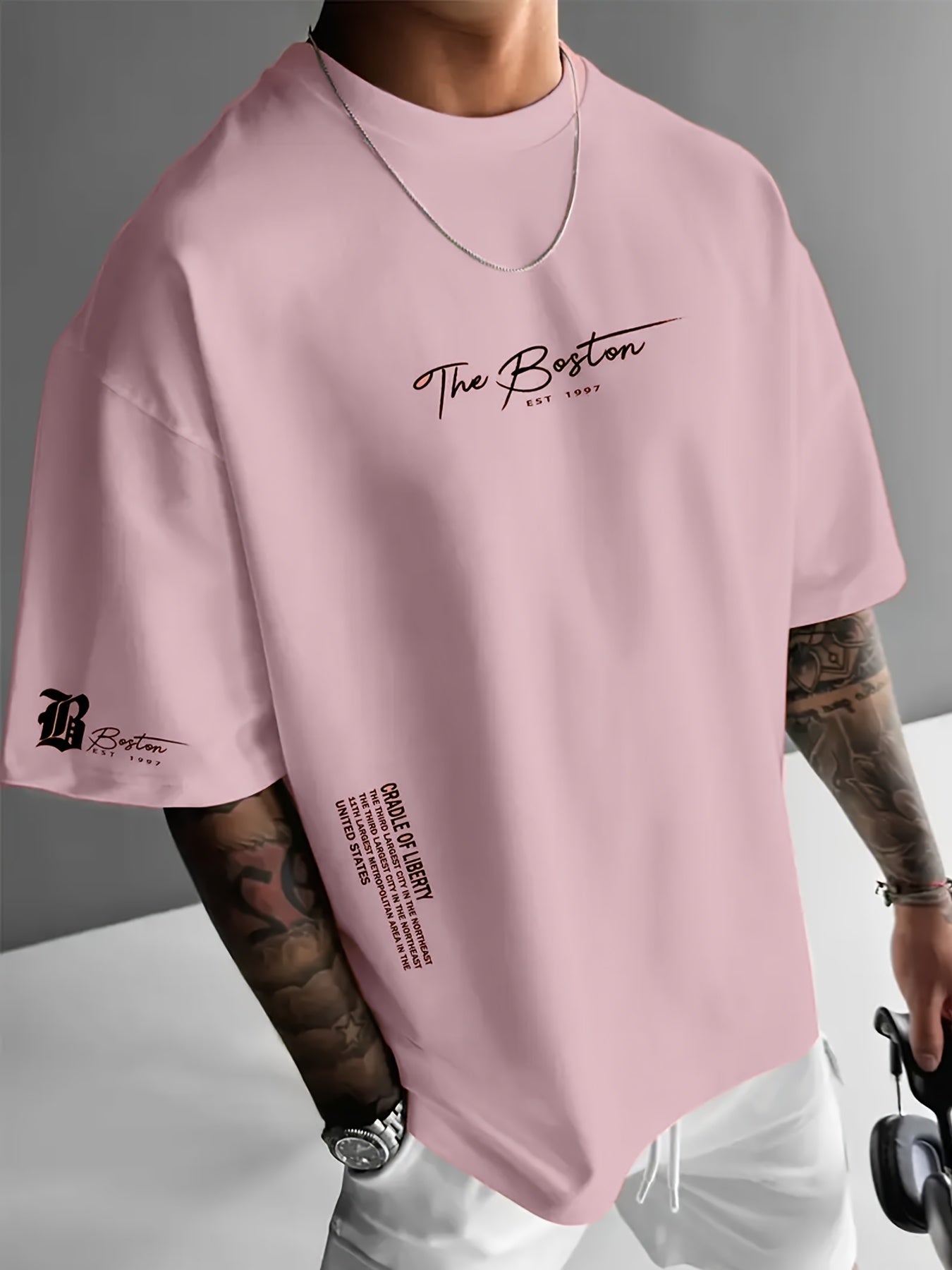 Dario -  Camiseta de hombre, estampado con la letra "Boston", fresca y cómoda.
