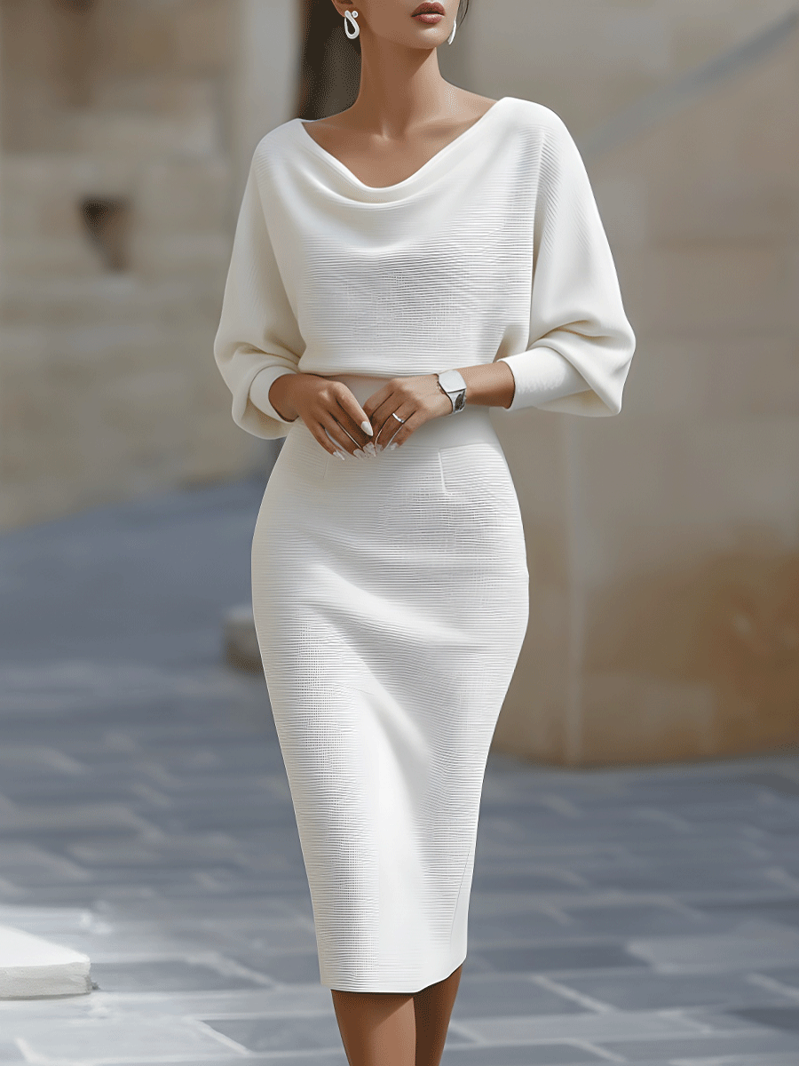 Evania - Vestido Midi Blanco con Drapeado y Mangas Murciélago