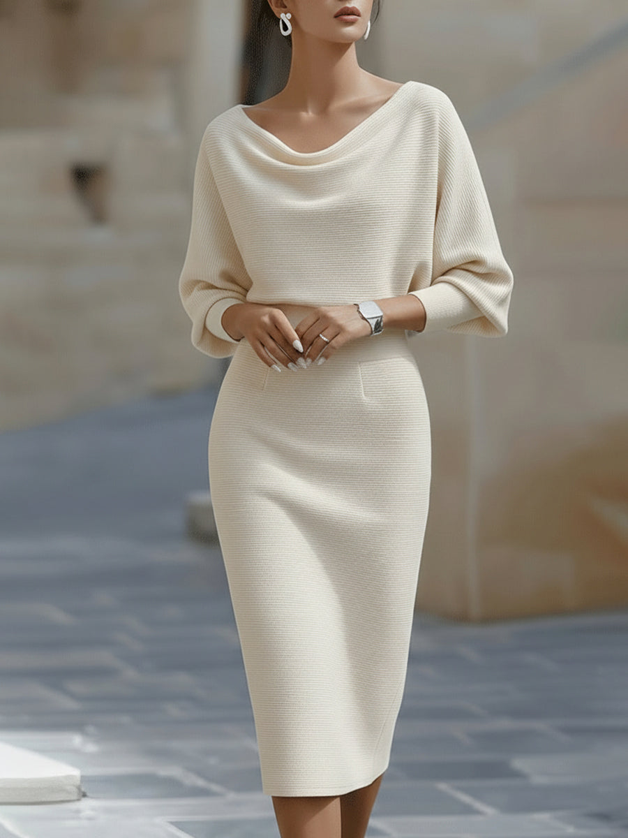 Evania - Vestido Midi Blanco con Drapeado y Mangas Murciélago