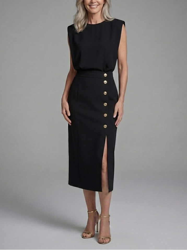 Meridia -  Vestido Midi Asimétrico con Mangas Cortas
