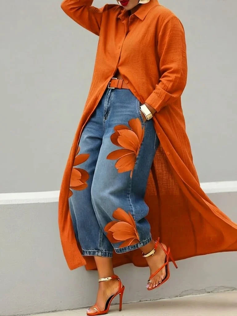 Valentina -  Conjunto de camisa larga y vaqueros con estampado floral