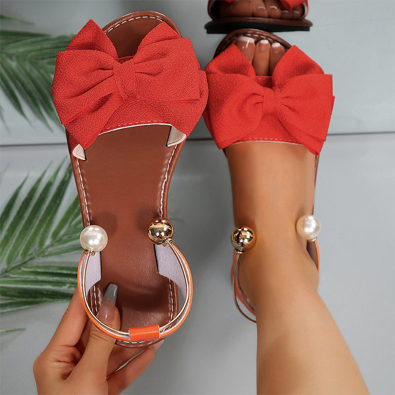 Berta - Sandalias Mujer Planas con lazo Decorativo y Detalles de Perlas
