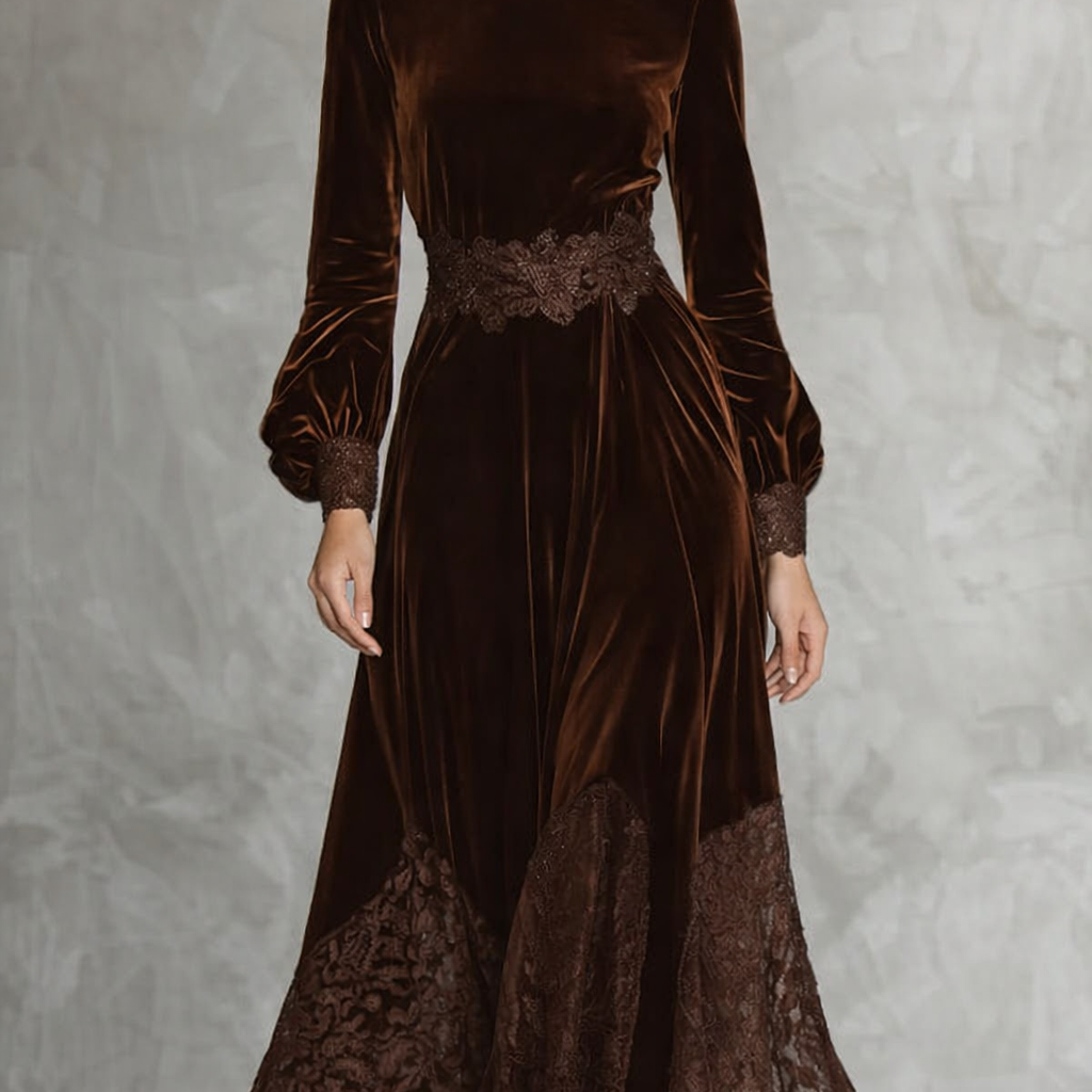 Vestidos maxi de terciopelo con cuello alto y mangas abullonadas de encaje patchwork