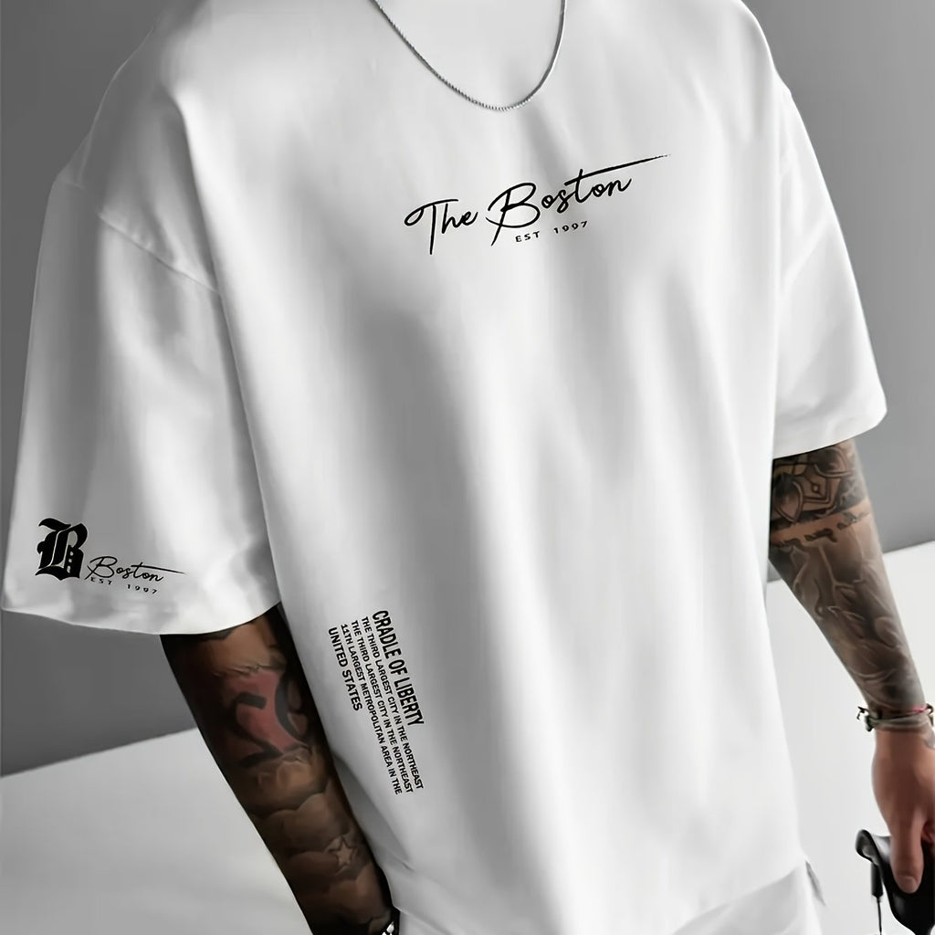 Dario -  Camiseta de hombre, estampado con la letra "Boston", fresca y cómoda.