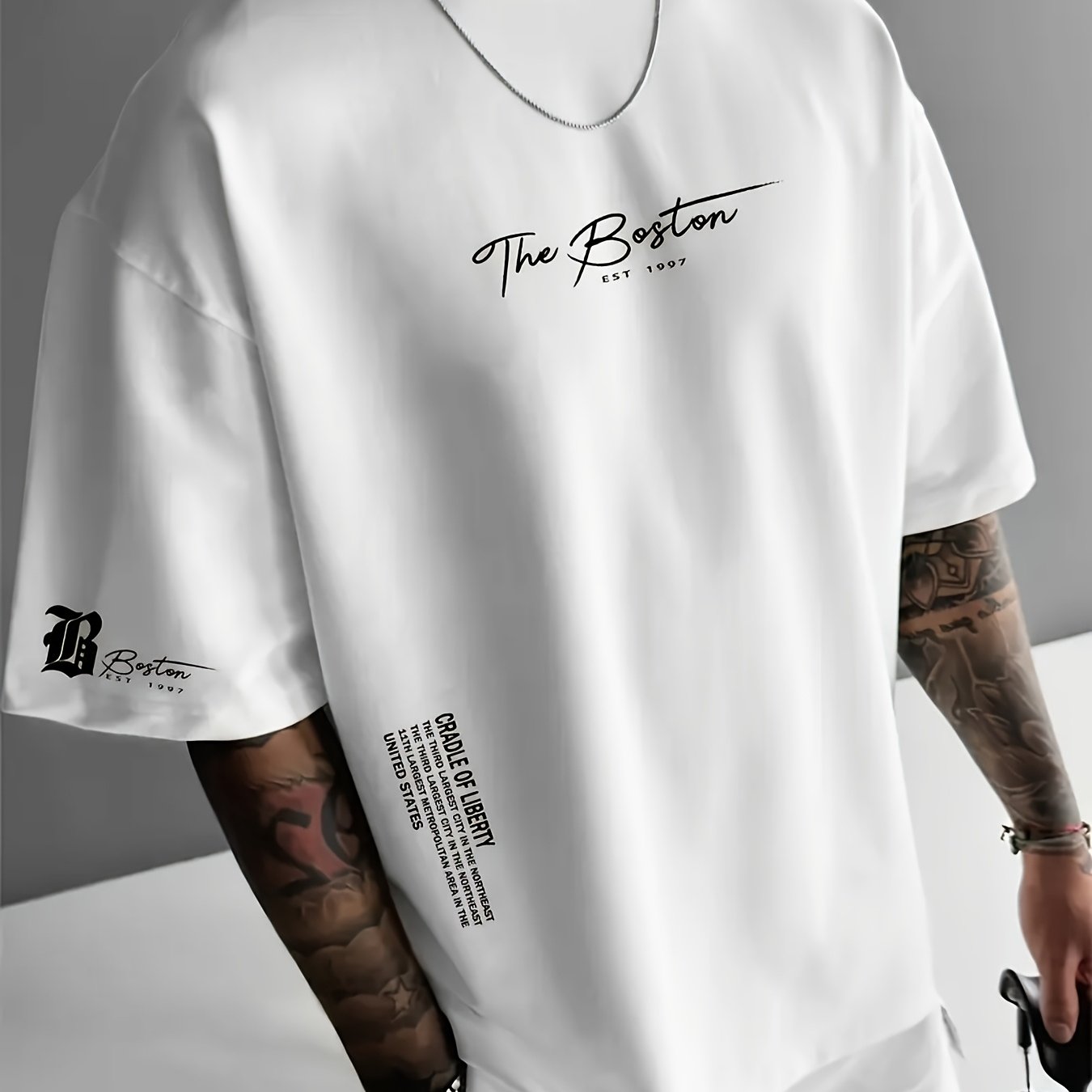 Dario -  Camiseta de hombre, estampado con la letra "Boston", fresca y cómoda.