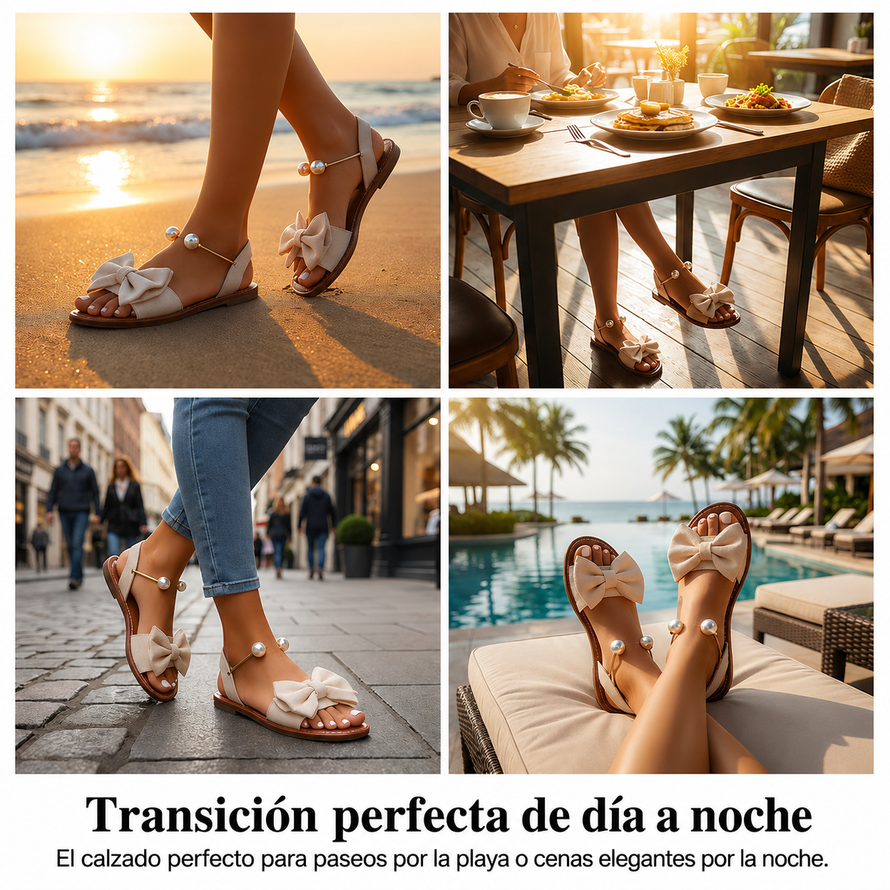 Berta - Sandalias Mujer Planas con lazo Decorativo y Detalles de Perlas