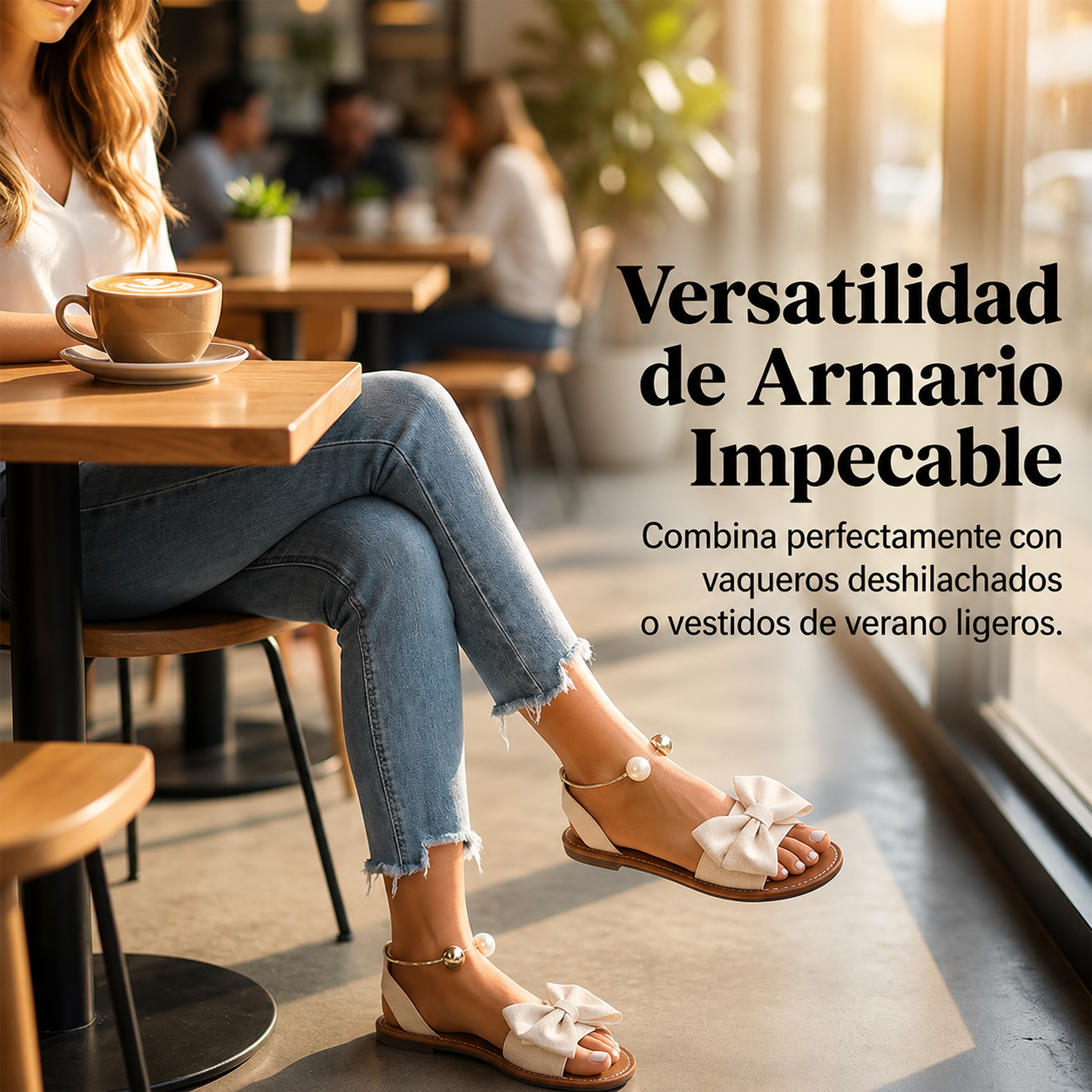 Berta - Sandalias Mujer Planas con lazo Decorativo y Detalles de Perlas
