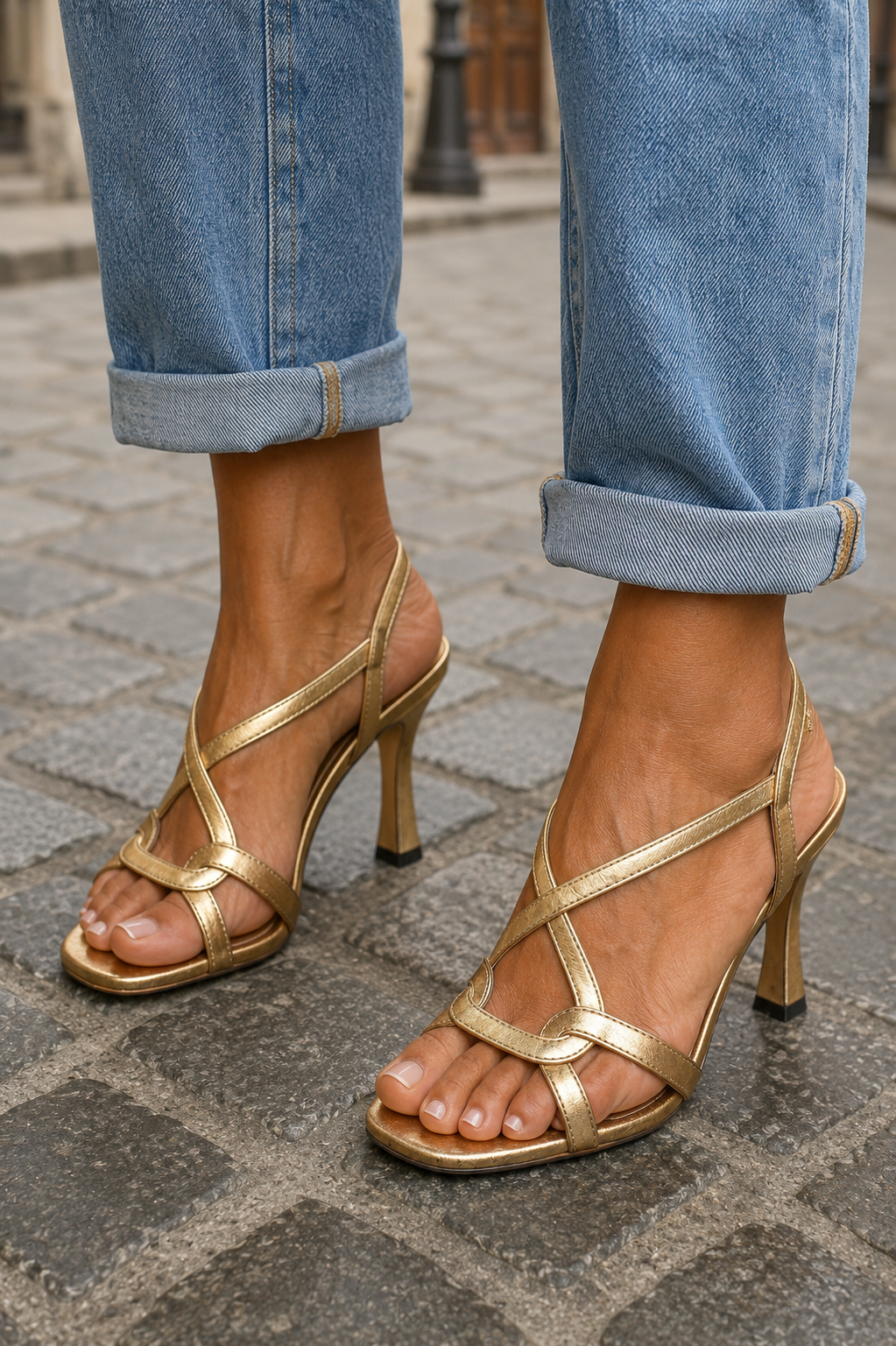 Estíbaliz - Sandalias Doradas Metálicas con Tiras Cruzadas
