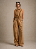 Niva - Pantalón de Color Camel con Cuello Alto Anudado y Pernera Ancha
