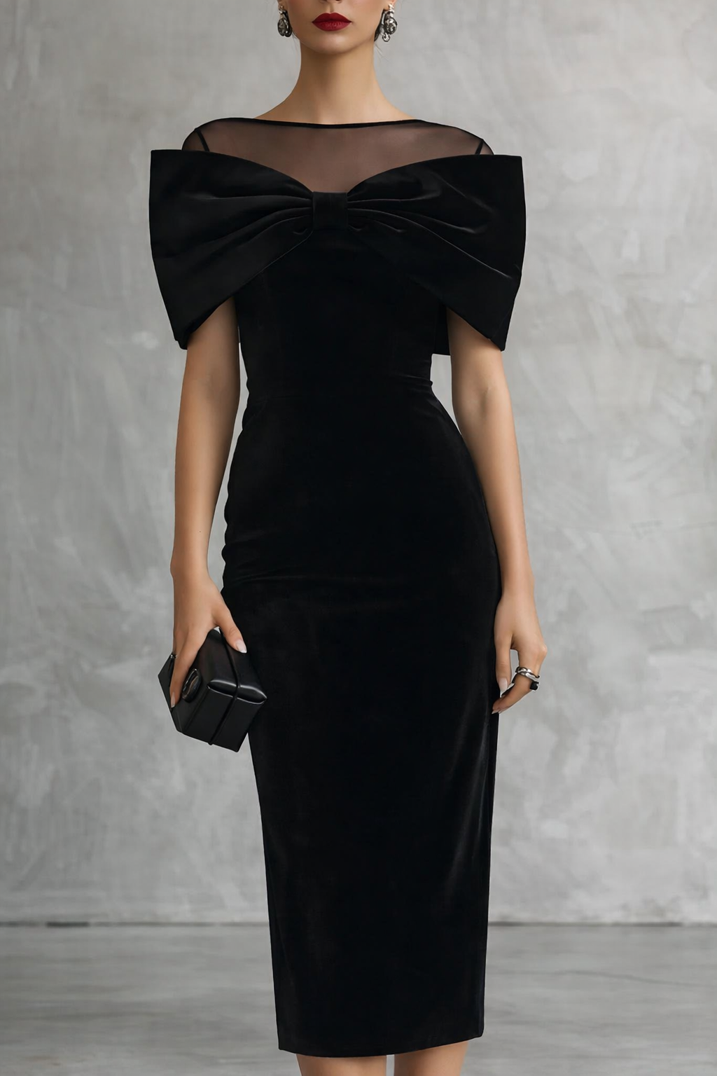 Vestido midi de terciopelo negro dramático con lazo