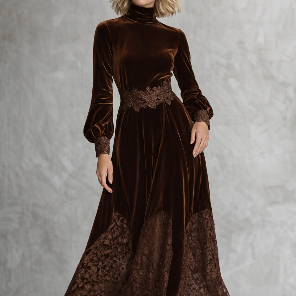 Vestidos maxi de terciopelo con cuello alto y mangas abullonadas de encaje patchwork
