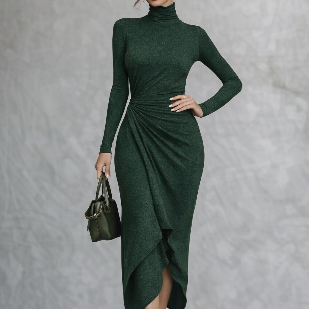 Vestido midi envolvente asimétrico con pliegues y cuello alto verde oscuro
