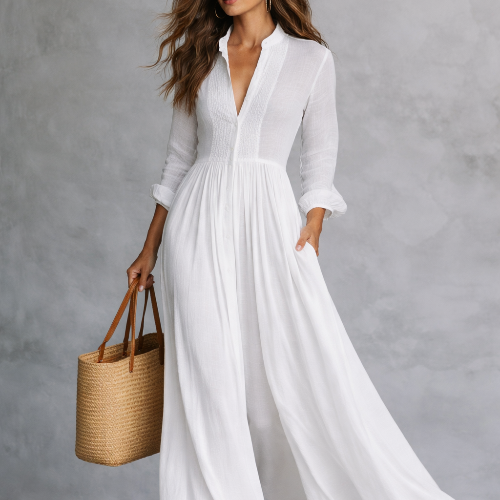 Maxi minimalista de algodón y lino con patchwork, cuello alto y mangas largas