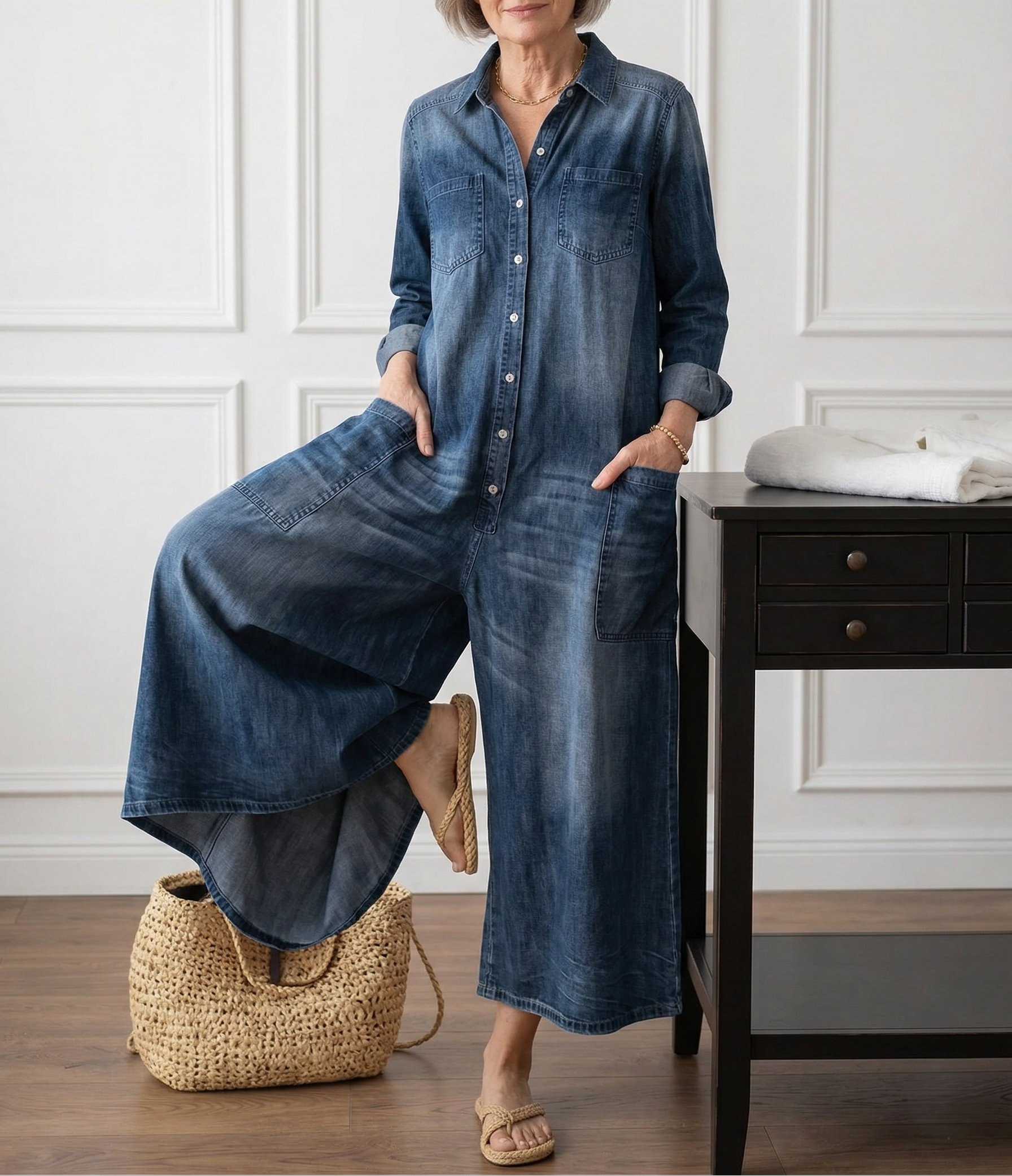 PV16 - Mono Vintage en Denim Suave Lavado con Botones