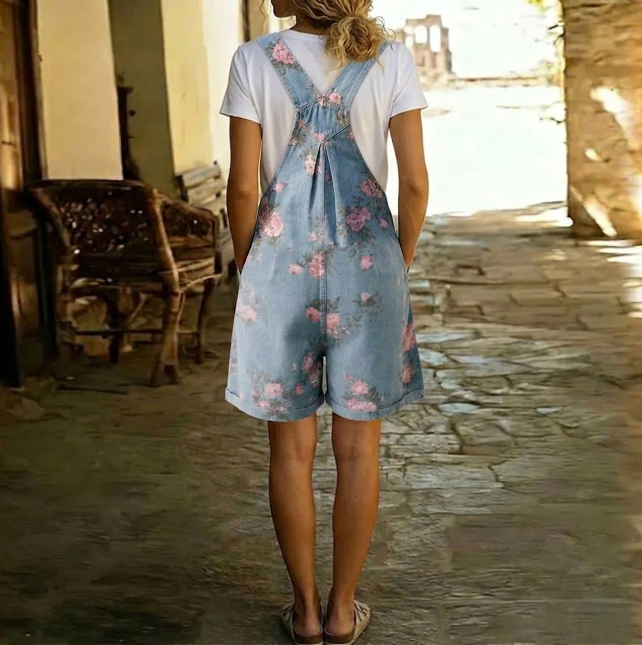 P15 - Denim Lavado Vintage con Sensación Suave y Overol con Estampado Floral