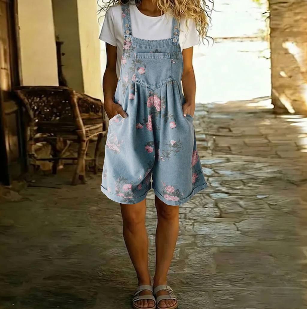 P15 - Denim Lavado Vintage con Sensación Suave y Overol con Estampado Floral