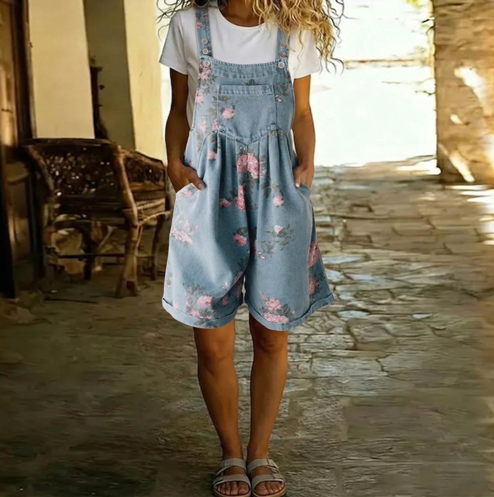P15 - Denim Lavado Vintage con Sensación Suave y Overol con Estampado Floral