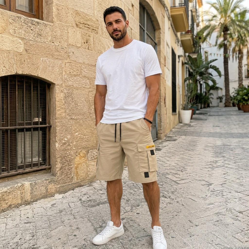 Matias - Shorts cargo casual para hombre con cordón – bolsillos multifuncionales prácticos, costuras reforzadas y corte holgado
