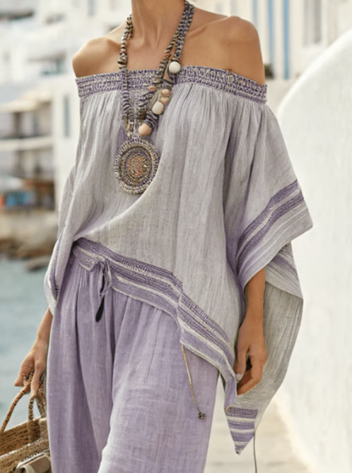 Conjunto de Lino de Dos Piezas con Diseño Off-the-Shoulder