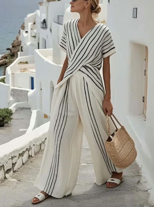 Melia - Conjunto de lino de dos piezas con cintura cruzada