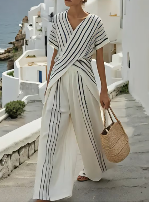 Melia - Conjunto de lino de dos piezas con cintura cruzada