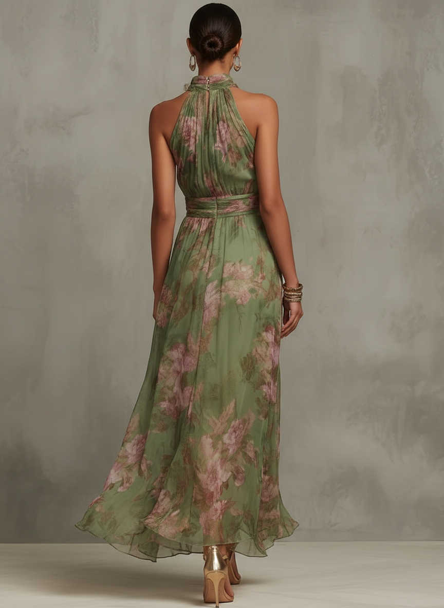 Zaira -  Vestido largo verde con estampado floral para mujer