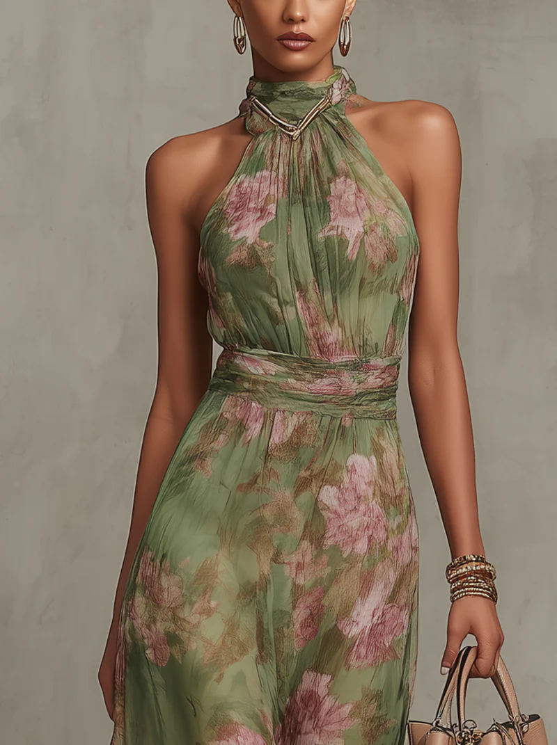 Zaira -  Vestido largo verde con estampado floral para mujer