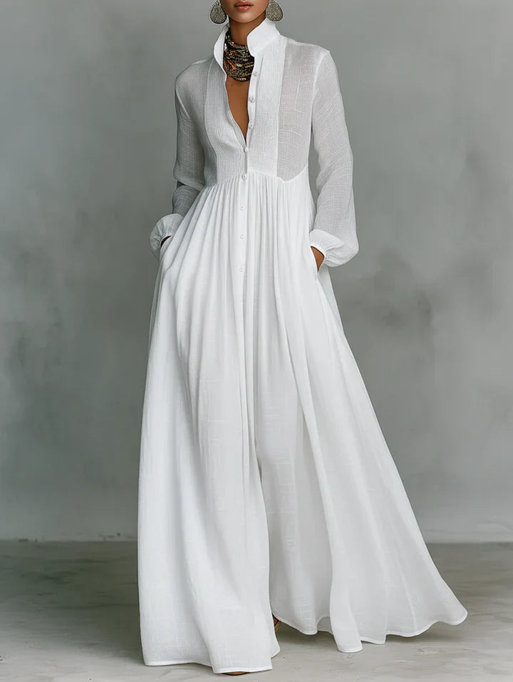 Maxi minimalista con patchwork, cuello alto y mangas largas