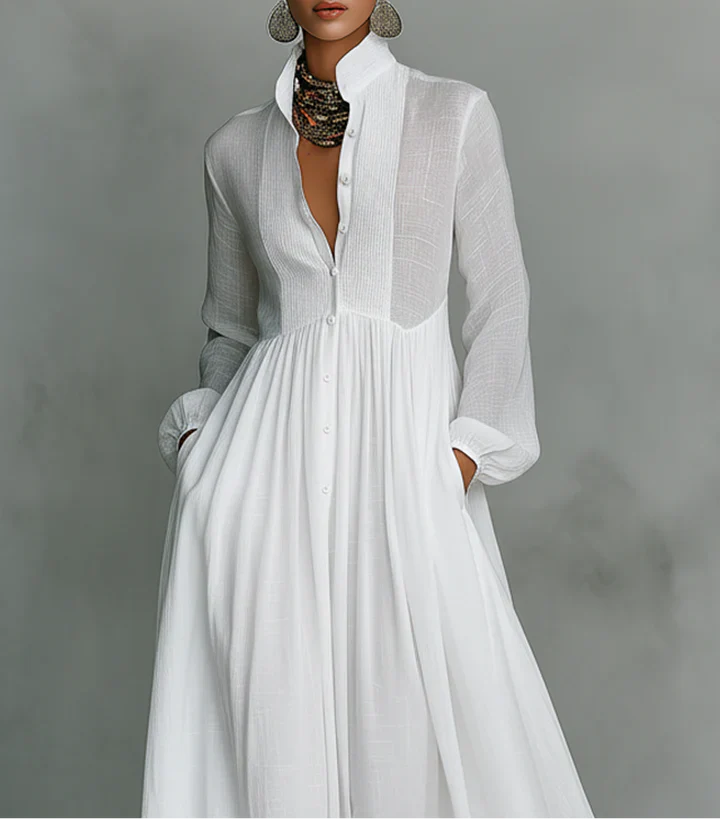 Maxi minimalista con patchwork, cuello alto y mangas largas