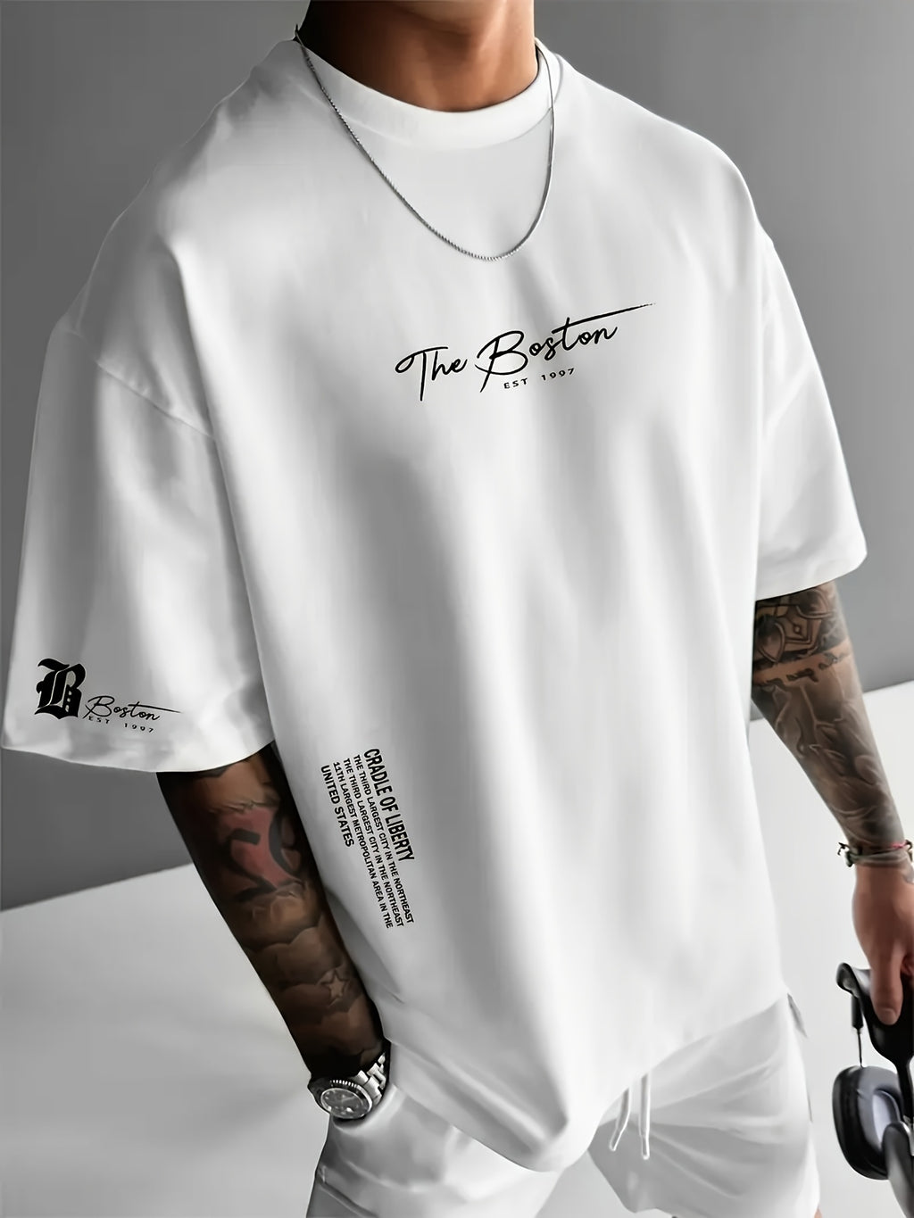 Dario -  Camiseta de hombre, estampado con la letra "Boston", fresca y cómoda.