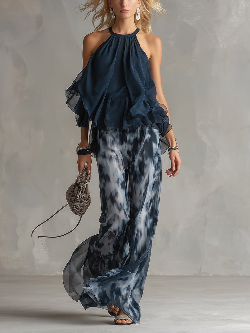 Marta - Conjunto con top de cuello alto y pantalones anchos estampados