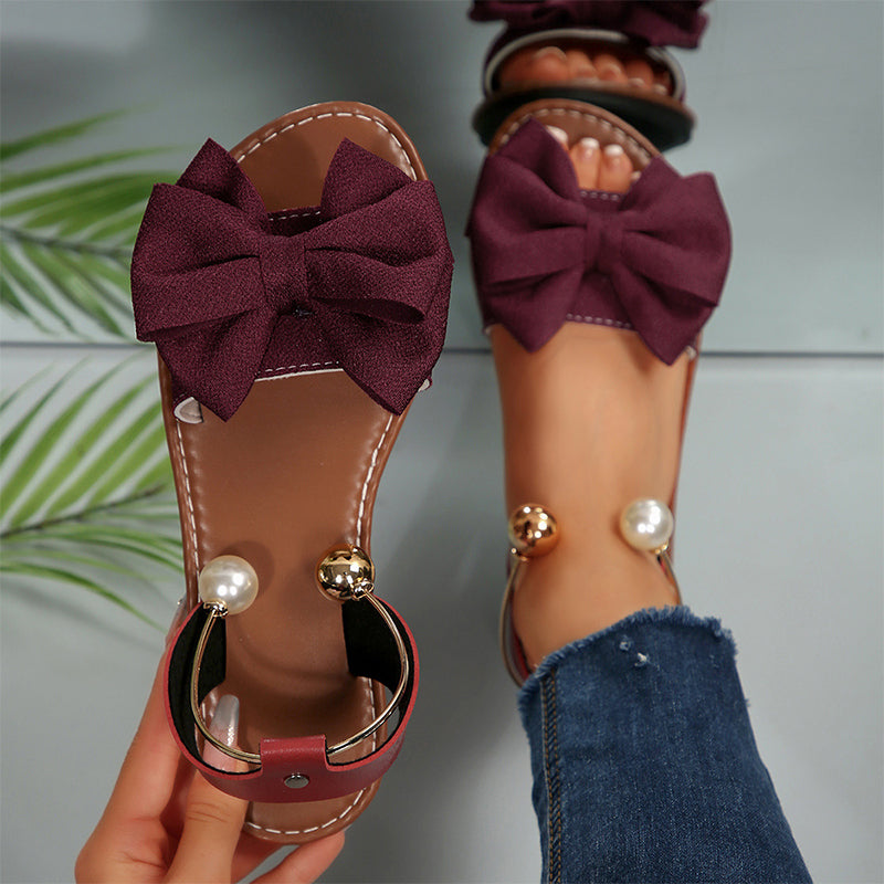 Berta - Sandalias Mujer Planas con lazo Decorativo y Detalles de Perlas