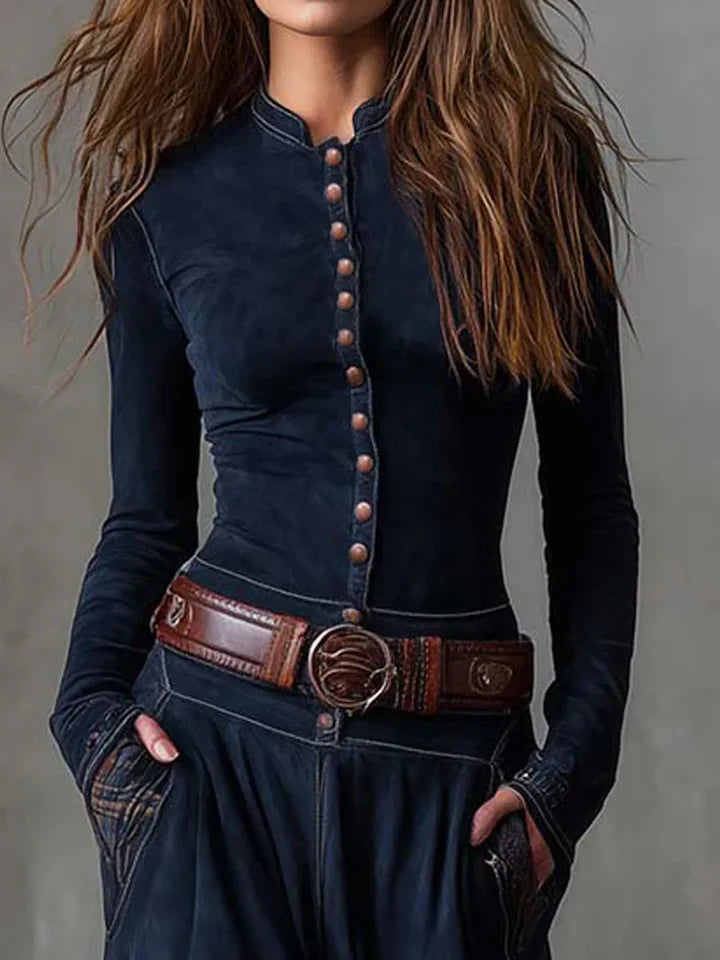 Vestido largo vintage de ante a cuadros azul marino