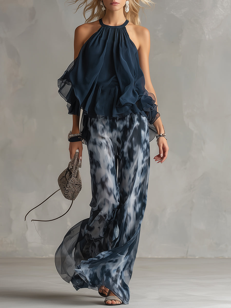 Marta - Conjunto con top de cuello alto y pantalones anchos estampados