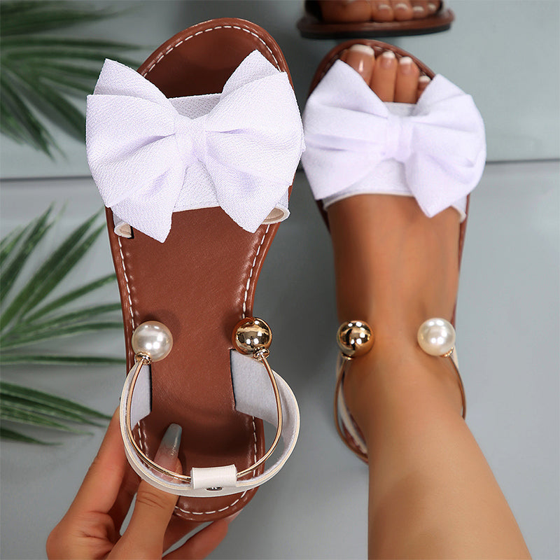 Berta - Sandalias Mujer Planas con lazo Decorativo y Detalles de Perlas
