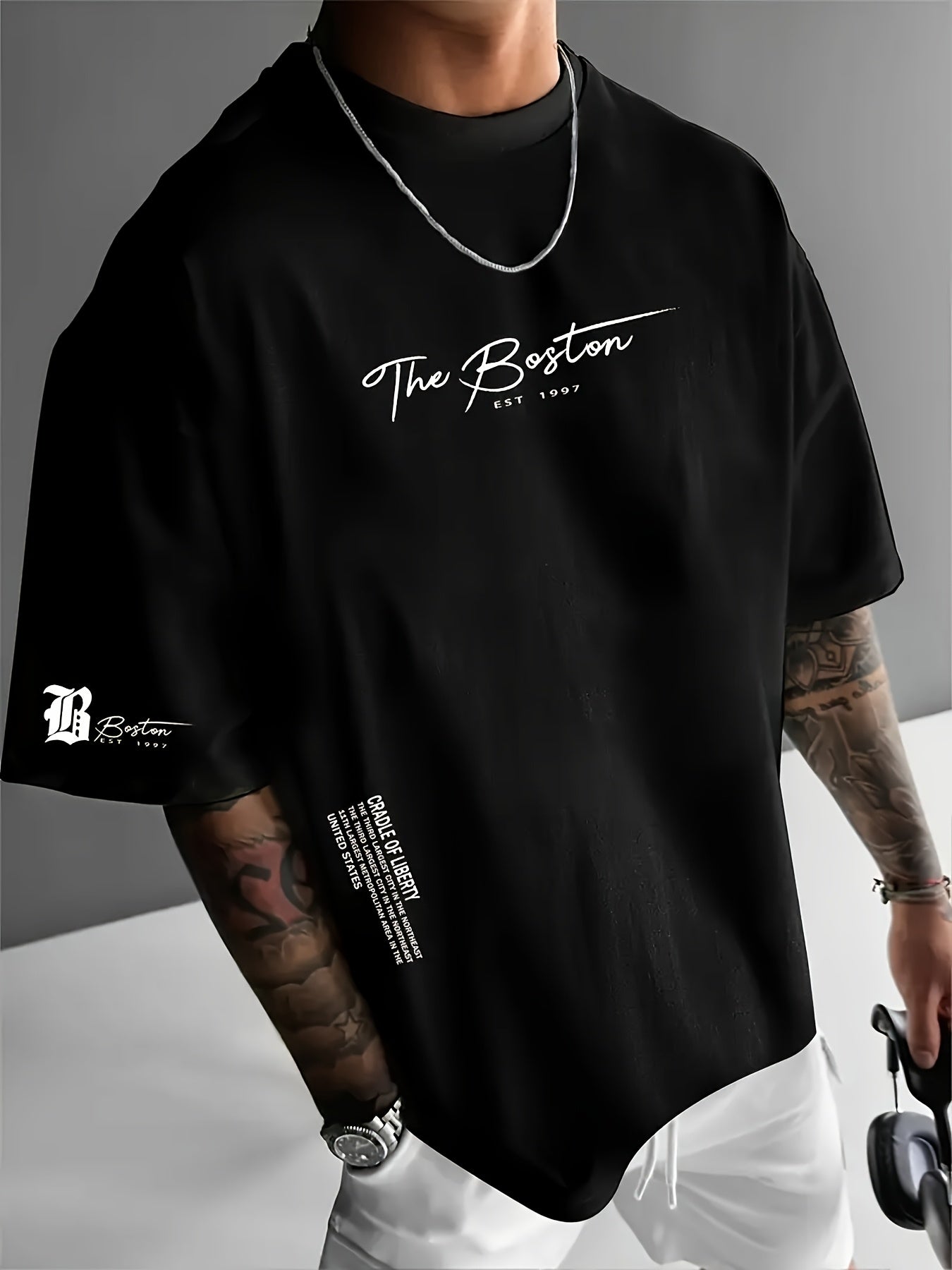 Dario -  Camiseta de hombre, estampado con la letra "Boston", fresca y cómoda.