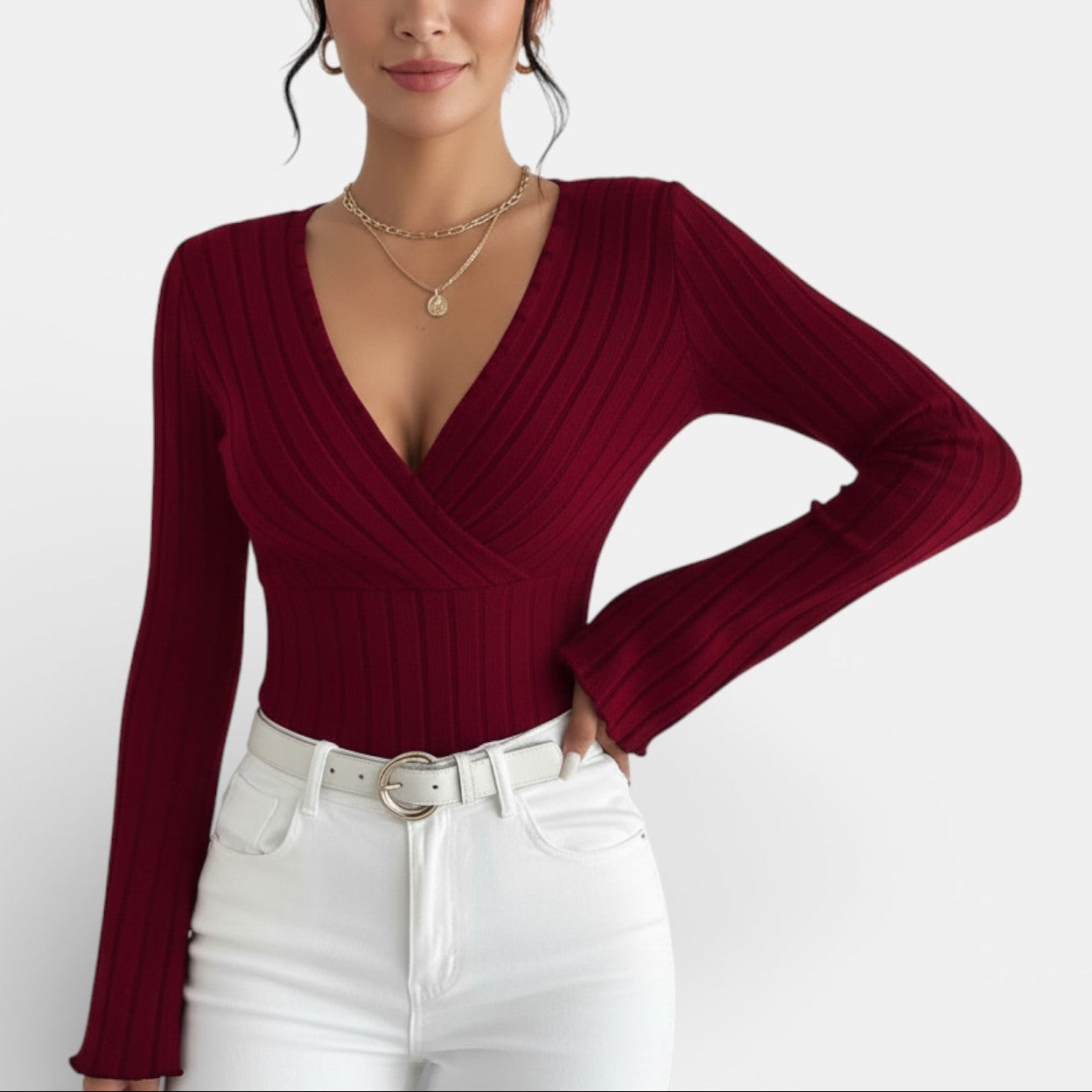 Aurea - Camiseta Mujer Canalé Escote V Manga Larga