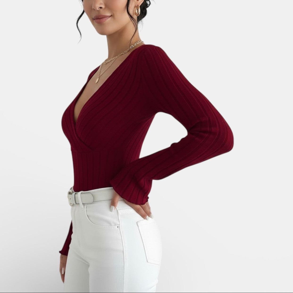 Aurea - Camiseta Mujer Canalé Escote V Manga Larga
