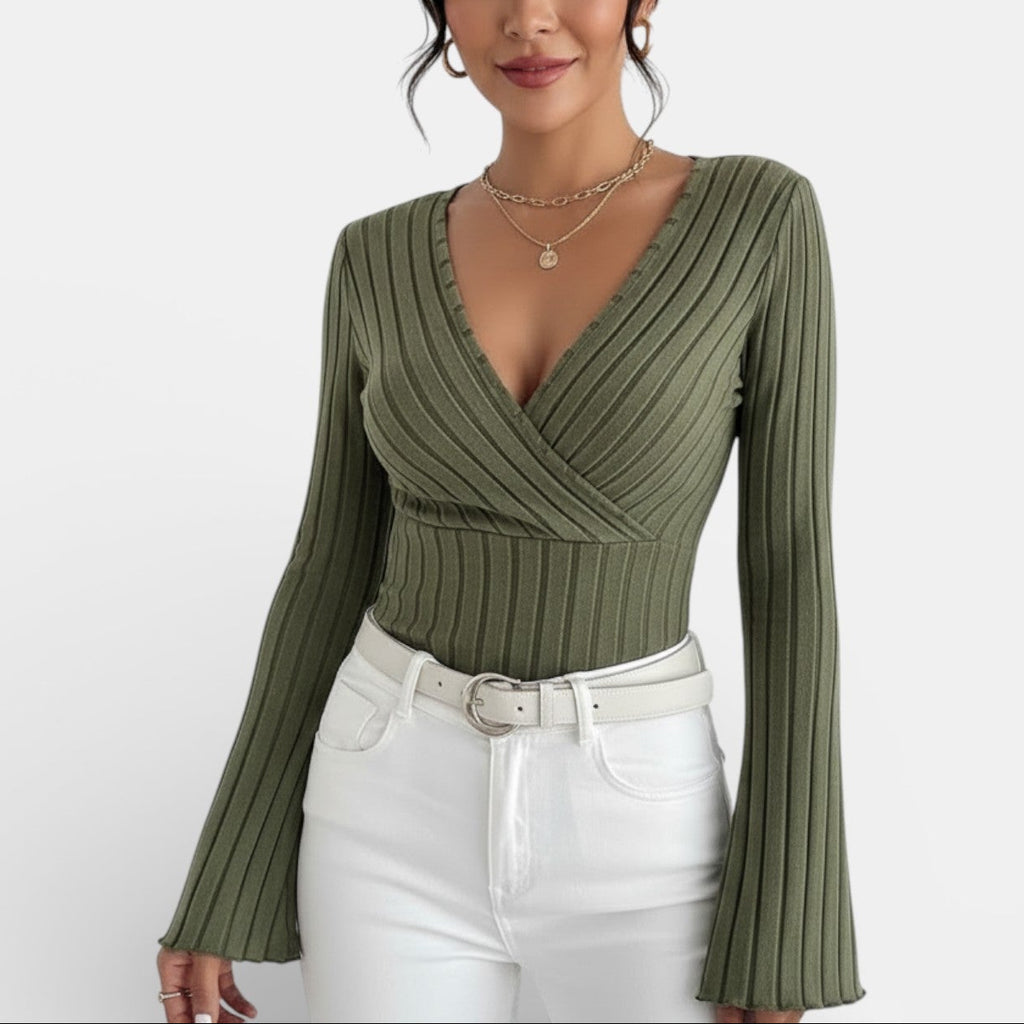 Aurea - Camiseta Mujer Canalé Escote V Manga Larga