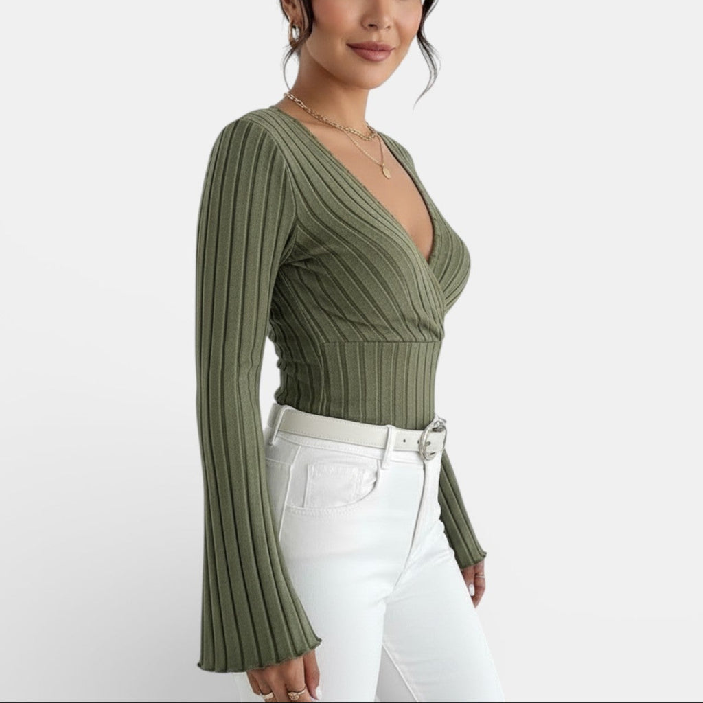 Aurea - Camiseta Mujer Canalé Escote V Manga Larga