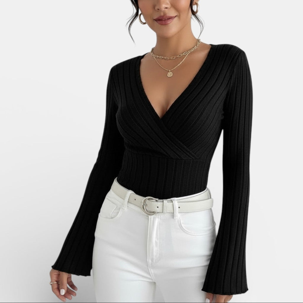 Aurea - Camiseta Mujer Canalé Escote V Manga Larga